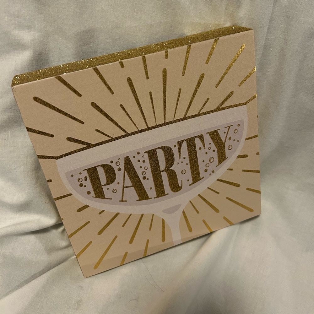 Champagne glass wooden “Party” sign 7” square gold white home decor New